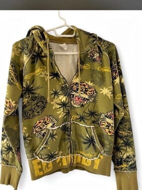 Y2K Ed Hardy Tiger Graphic Full Zip Hoodie Floral Bomber Jacket in Green & Yello